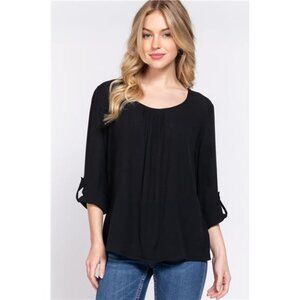 3/4 Roll-Up Sleeves/ Round Neck/ Pleated Detail Woven Blouse Tops For Women